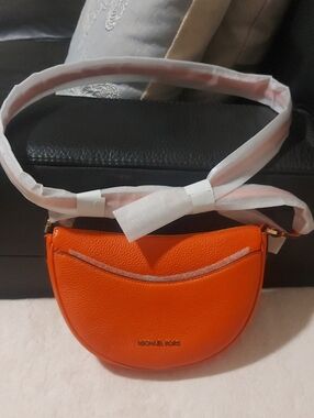 Michael Kors Bright Orange Pebbled Leather Crescent Crossbody